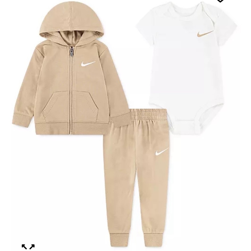 Nike 3-Piece Beige Baby Hoodie & Sweatpants Set with White Tag, Size 0-3M